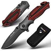 Jellas Cuchillo Plegable Supervivencia- Navaja Táctica con Punta Rompevidrio y Cutter Cinturón- 9Cr18 Acero Inoxidable…